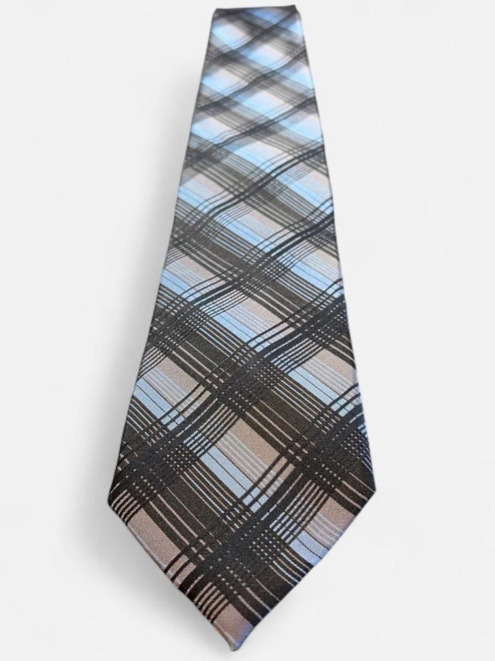Calvin Klein Classic Plaid 100% Silk Tie in Light Blue, Gray, and Black